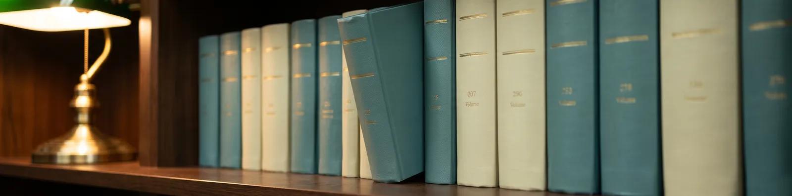 Row of legal reference books beside a desk lamp