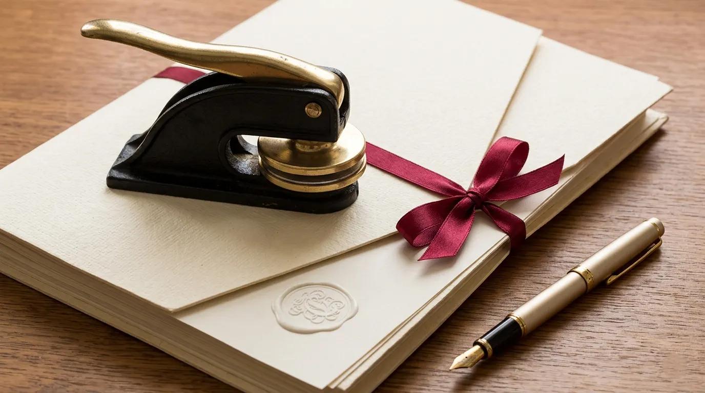 Brass embossing seal resting on a cream document folder tied with red ribbon