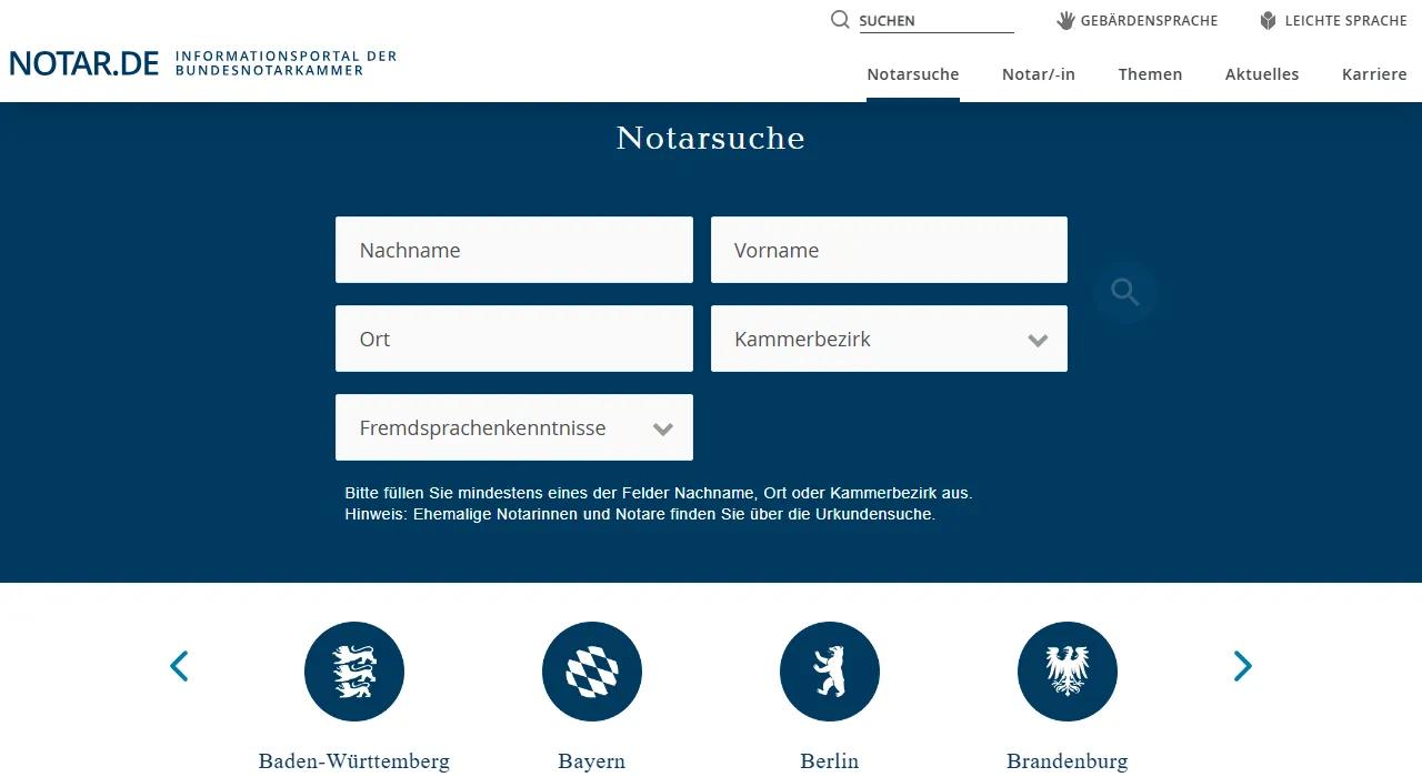 Preview of the Bundesnotarkammer notary search interface
